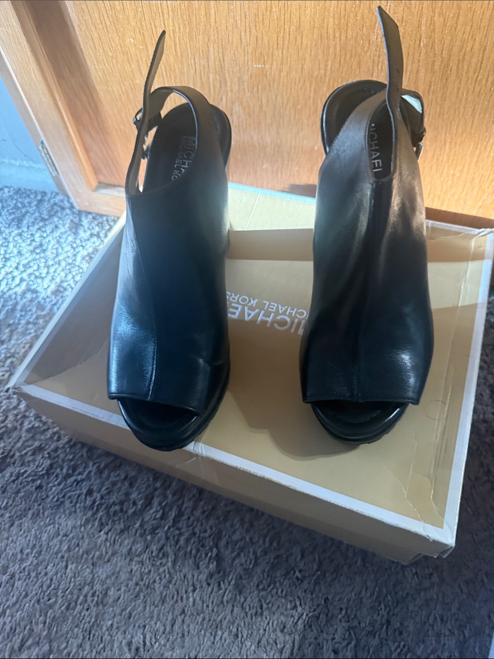 Michael Kors Black Leather Peep-Toe Slingback Heels
